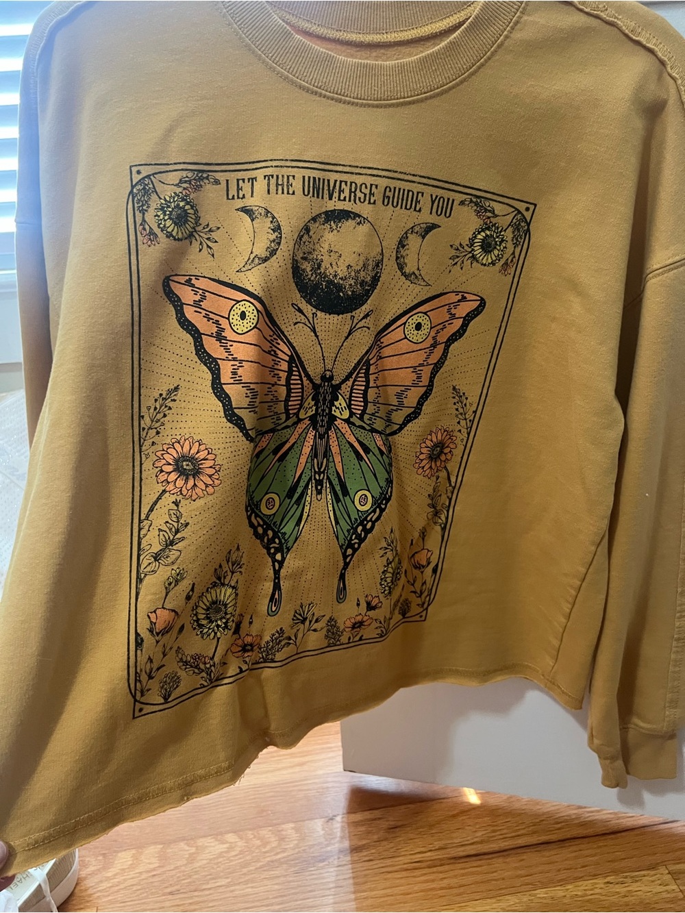 Zoe + Liv Mustard Yellow Butterfly Graphic Pullover Sweatshirt